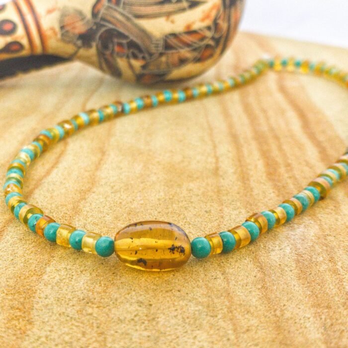Collar Ámbar, Turquesa y Cilindro de Ámbar