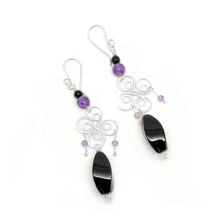 Aretes Flor de Plata con Amatista y Ónix