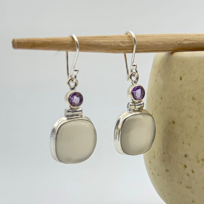 Aretes Piedra Luna y Amatista Facetada